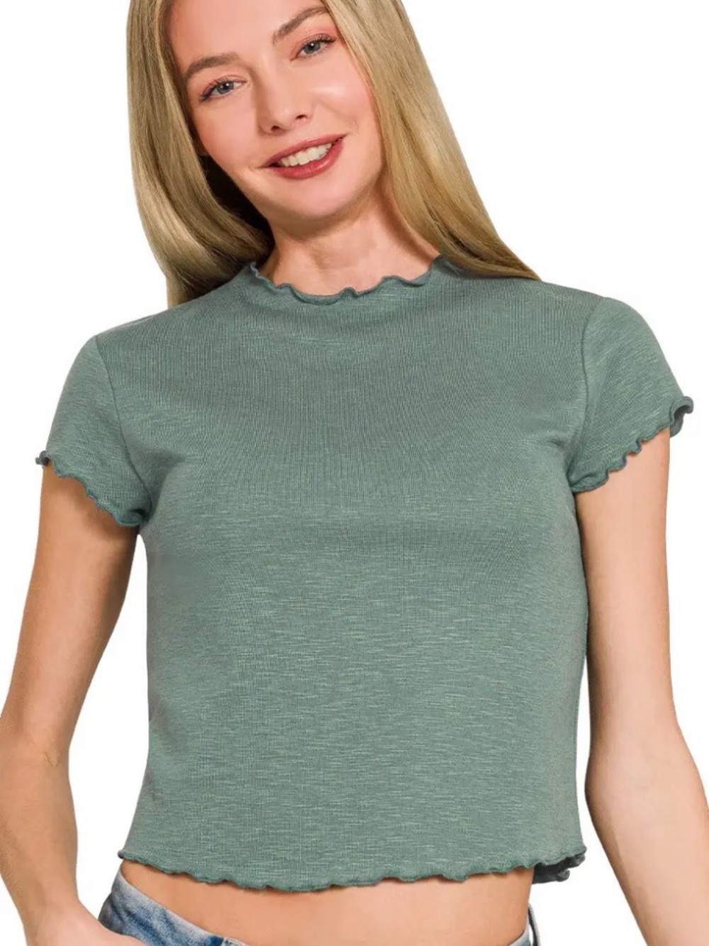 Zenana Outfitters Ash Jade Ribbed Lettuce-Edge Crop Top